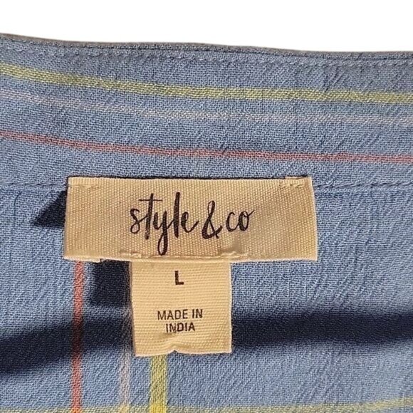 Style & Co Blue Plaid Button Front Tie Hem Short Sleeve Blouse L - Picture 2 of 5